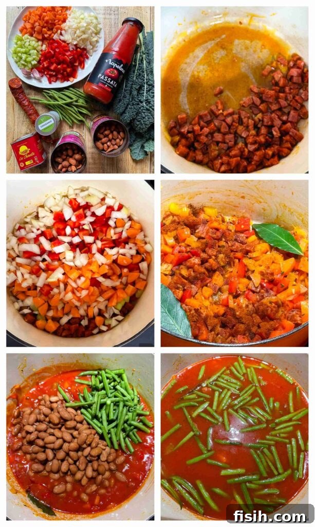 Smoky Chorizo, Bean, and Hearty Vegetable Soup 5 Process shots of chorizo and veg being prepared before added to pot and cooked into soup