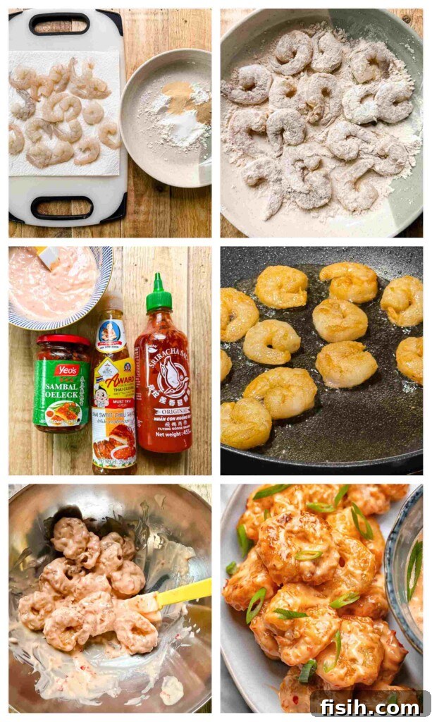 Process shots of shrimp being battered and fried and spicy mayo being made