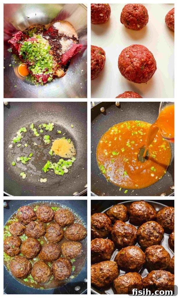 Process shots of meatballs being mixed and rolled before cooked with teriyaki sauce