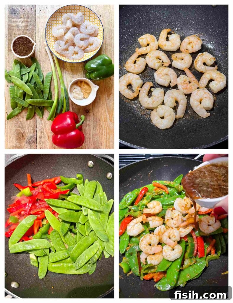 Process shots of veg and shrimp being prepared before stir fried