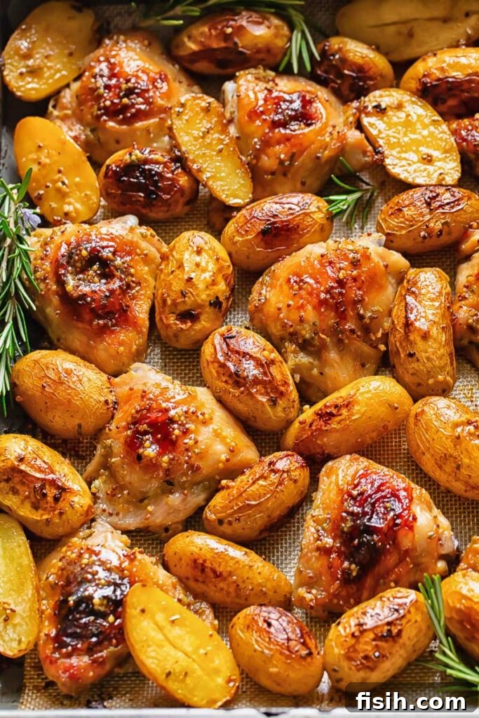 One Pan Honey Mustard Chicken and Potatoes 2 Top down shot of honey mustard chicken thighs in a baking tray with potatoes