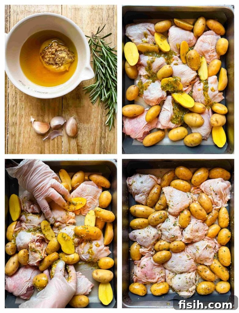 One Pan Honey Mustard Chicken and Potatoes 4 Process shots of chicken thighs being glazed and placed on baking tray before cooked