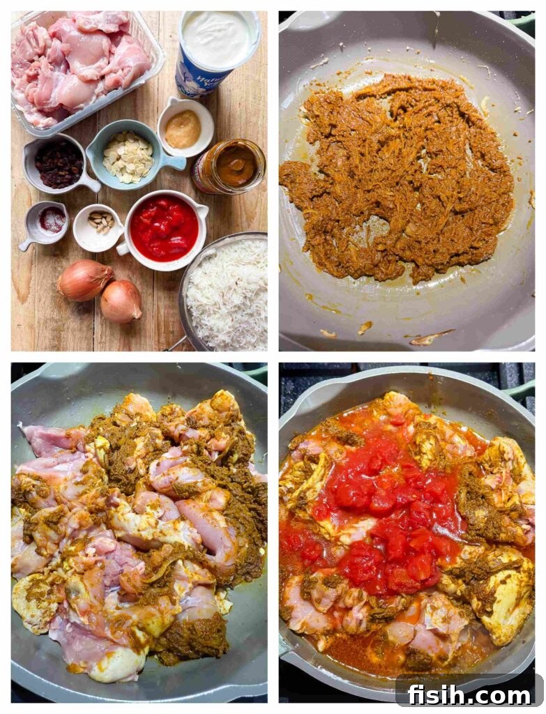 Effortless Chicken Biryani 5 Detailed process shots showing onions being sautéed, chicken added to the pan, and spices mixed, demonstrating the initial steps of biryani preparation.
