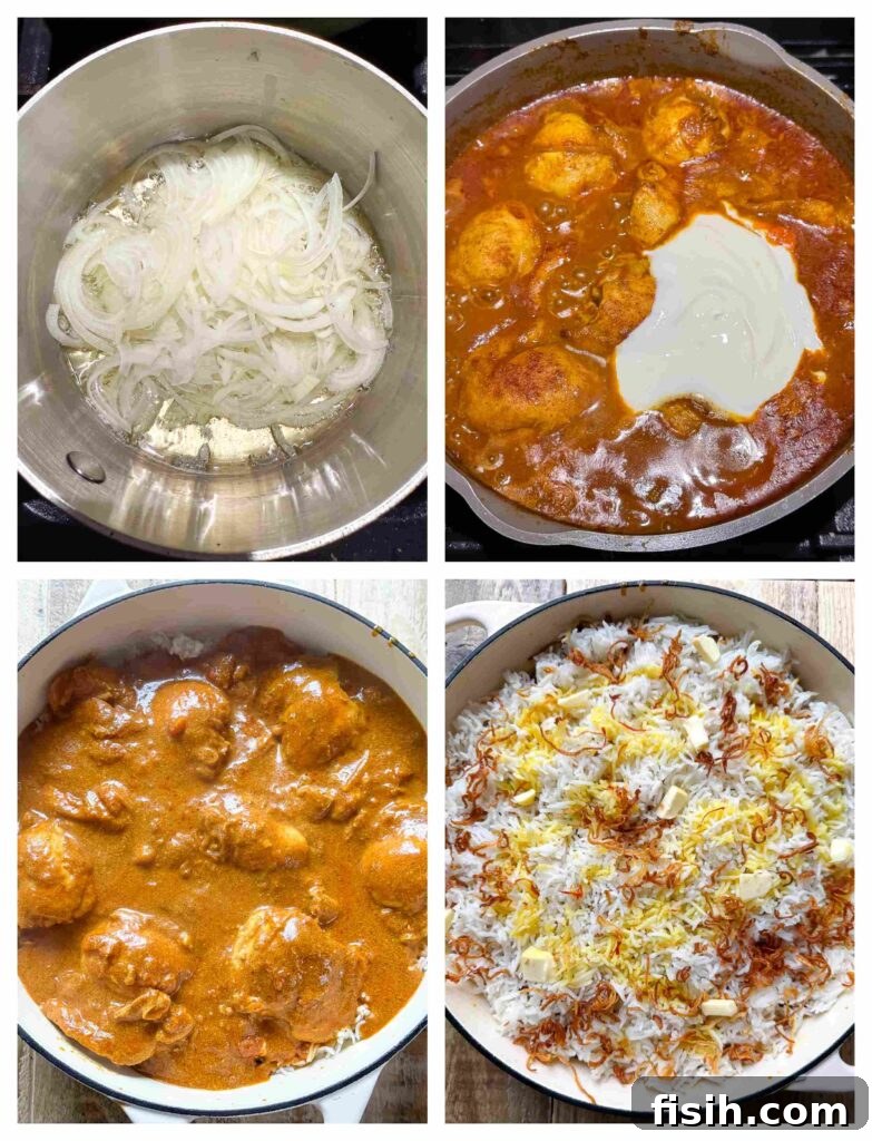 Effortless Chicken Biryani 6 Further process shots showing cooked chicken and onions ready to be layered with rice in a large pan, demonstrating the assembly stage of biryani.
