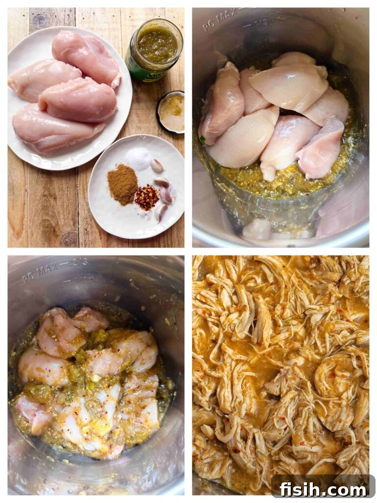 Fiesta Chicken Bowl 5 Process shots of chicken breasts being marinated then cooked in instant pot