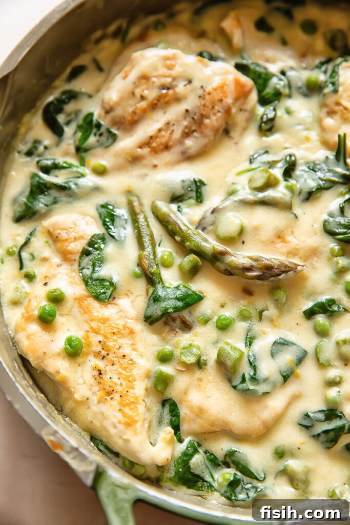 Vibrant Spring Chicken Medley 3 Close up shot of chicken primavera in cream sauce with peas and asparagus, ready to be served.
