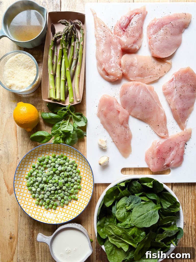 Vibrant Spring Chicken Medley 4 Process shots of all chicken primavera ingredients neatly arranged on a cutting board, prior to cooking.