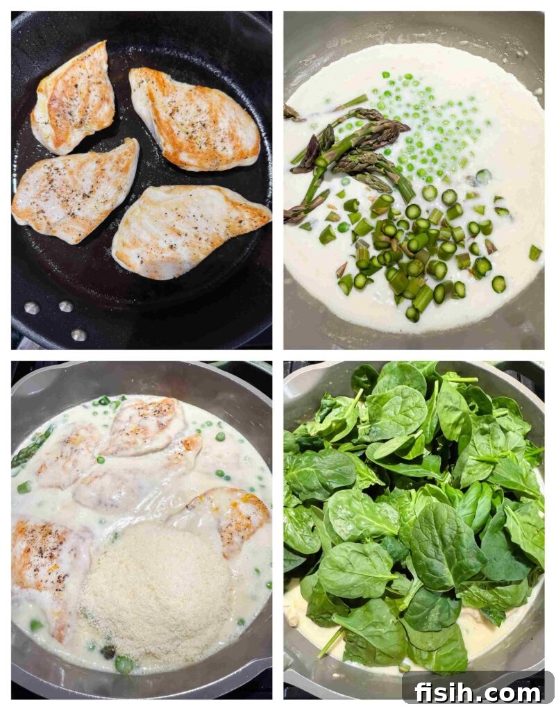 Vibrant Spring Chicken Medley 5 Process shots of chicken primavera being cooked in a pan, with chicken and vegetables simmering in the creamy sauce.