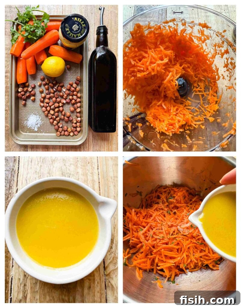 Vibrant French Carrot Salad with Toasted Hazelnut Crumble 5 Process shots of carrots and hazelnuts being prepared and combined with salad dressing