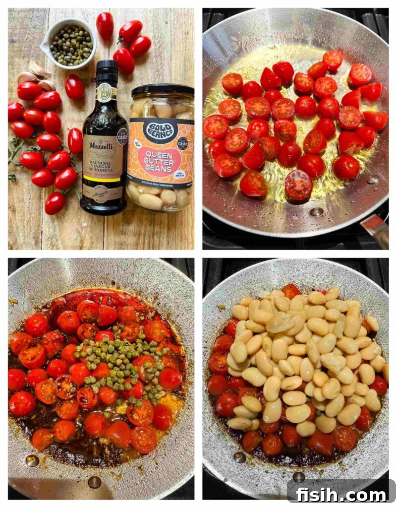 Creamy Butter Beans with Balsamic Burst Tomatoes 5 A step-by-step photographic guide showing the preparation and cooking process of butter beans and cherry tomatoes in a pan, from raw ingredients to a finished dish.
