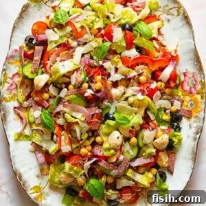 Top down shot of Italian chopped salad on a serving platter