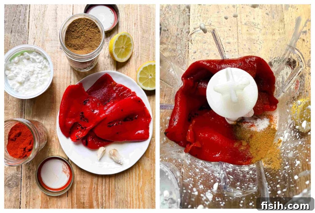 Three process shots showing ingredients like cottage cheese, red peppers, and spices being added to a food processor and then blended into a smooth dip.