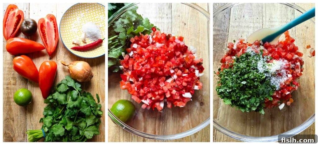 Process shots of ingredients being finely sliced and mixed together, illustrating the preparation of pico de gallo.