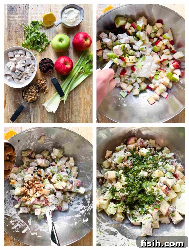 Signature Chicken Waldorf Salad 4 Process shots of salad ingredients being prepped and combined, showing the steps to create a chicken waldorf salad.