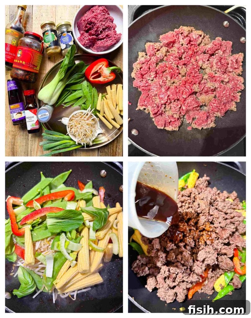 Process shots of beef and veg being prepared and stir fried 