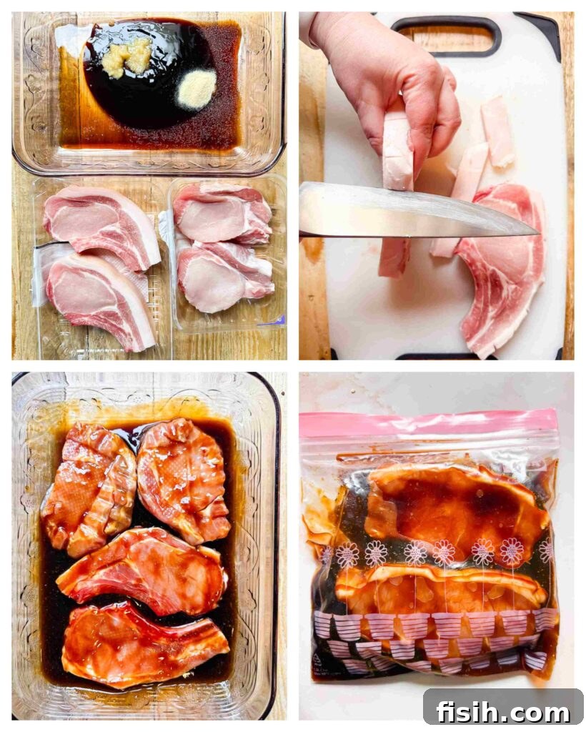 Process shots of pork chops being prepped and marinated