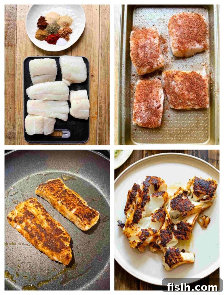 four process shots showing the preparation and cooking of the cod