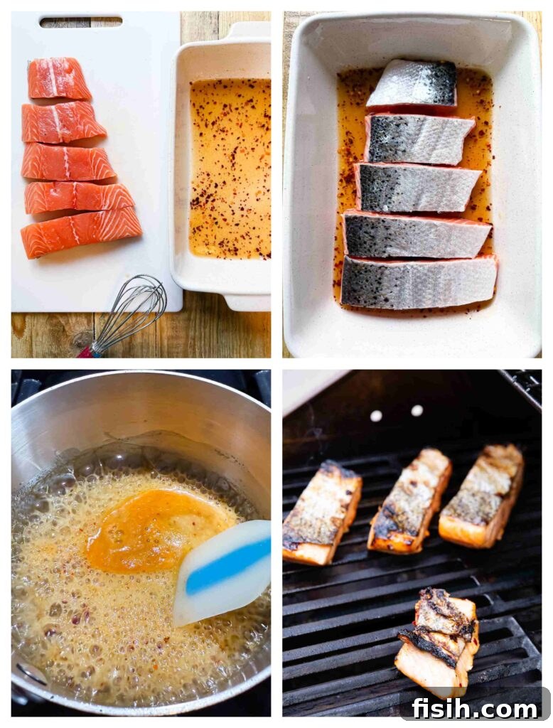 Process shots of salmon being marinated and grilled on an outdoor barbecue