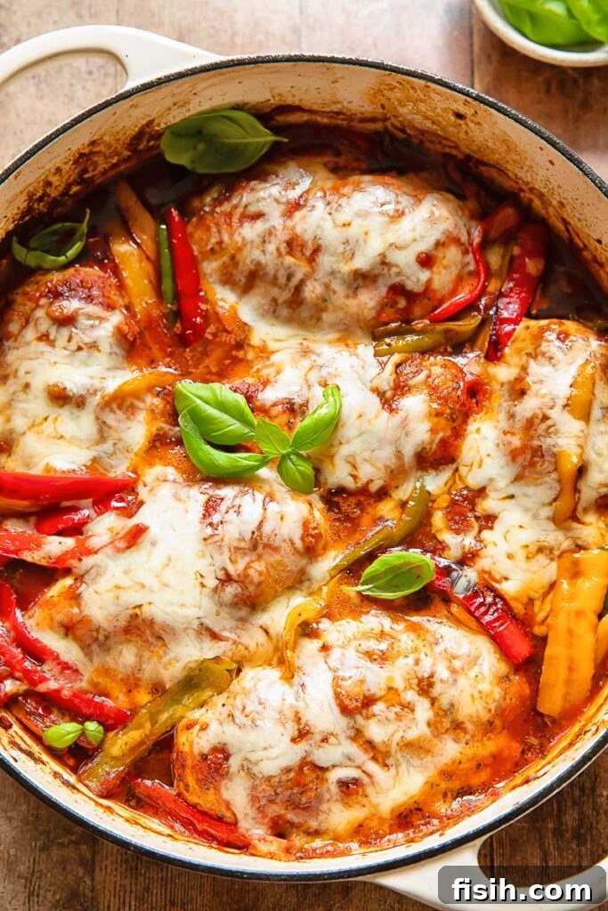 Top down shot of chicken marinara in a large pan