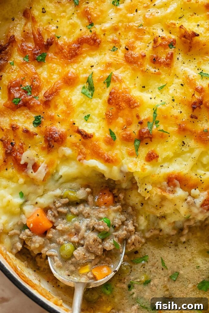 Close up of Shepherd's Pie cross-section, showing distinct layers of golden mashed potatoes, rich lamb gravy, and tender vegetables.