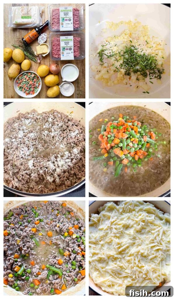 Process shots of ingredients being cooked and constructed into a Shepherd's Pie, showing step-by-step preparation.
