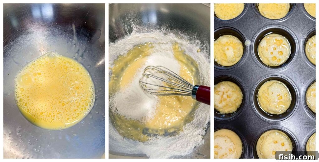 Process shots showing the stages of mixing Yorkshire pudding batter, from raw ingredients to a smooth, ready-to-use mixture.