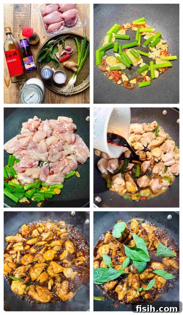 Process shots of ingredients being prepped and stir fried