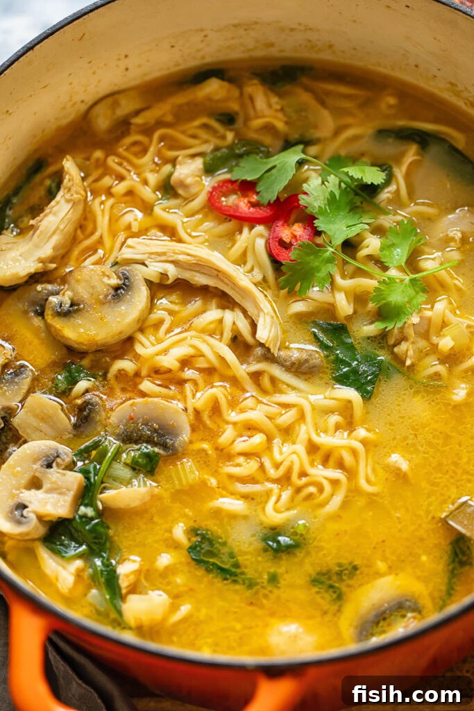 A close-up shot of Thai chicken noodle soup, garnished with vibrant fresh chili slices and aromatic basil leaves, showcasing the delicious blend of chicken, noodles, and mushrooms.