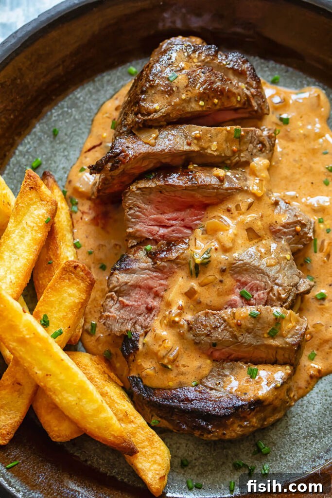Steak Diane on a plate with fries and creamy sauce