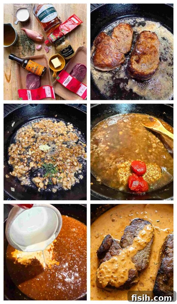 Process shots of steaks fillets and cream sauce being cooked