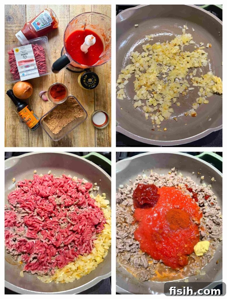 Pitmaster's Smoky Joes 4 Process shots of sloppy joe ingredients being combined and cooked in a pan to make the filling