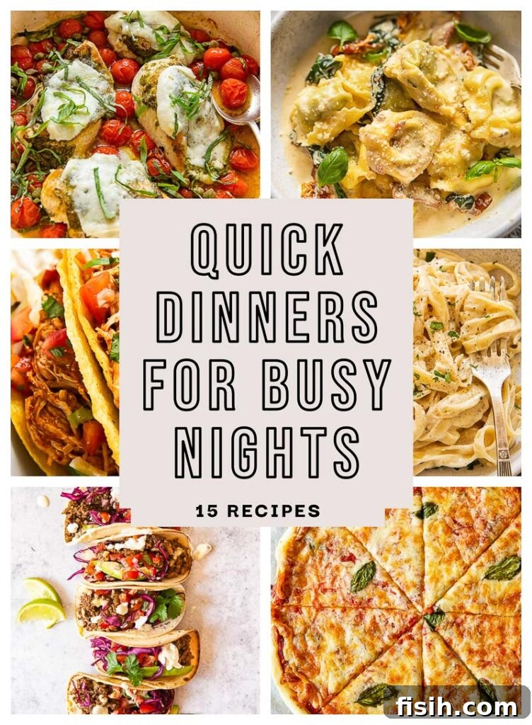 Collage of quick and easy dinner recipes, perfect for busy weeknights and back-to-school season.