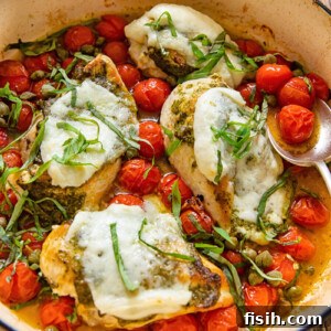 Chicken Caprese baked in a pan with cherry tomatoes and melted mozzarella.