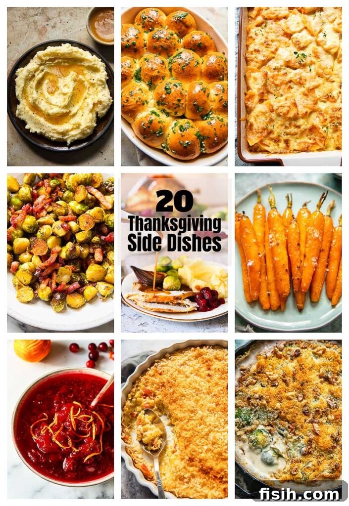 A vibrant photo collage showcasing a variety of Thanksgiving side dishes, including golden stuffing, creamy mashed potatoes, green bean casserole, roasted carrots, and rich cranberry sauce, all arranged to inspire your holiday menu.