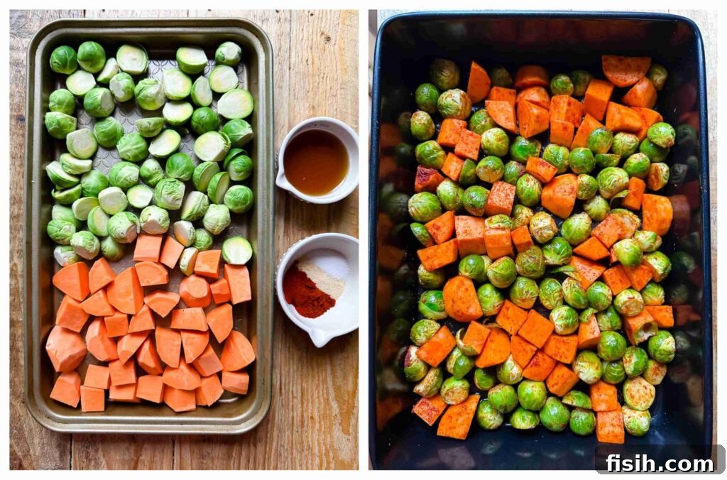Step-by-step process of preparing Brussels sprouts and sweet potatoes: seasoning, arranging on a hot pan, and drizzling with maple glaze.