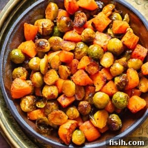 maple glazed sprouts and sweet potato in a large bowl