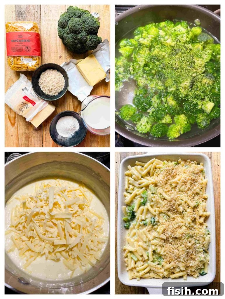 Golden Broccoli Mac Casserole 4 Process shots of broccoli and pasta being cooked before combined with sauce in a dish