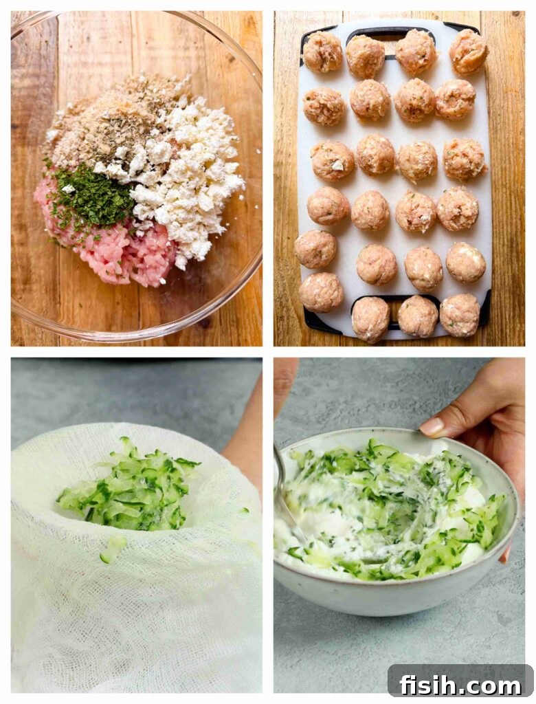 Process shots of chicken meatballs being made and tzatziki ingredients combined