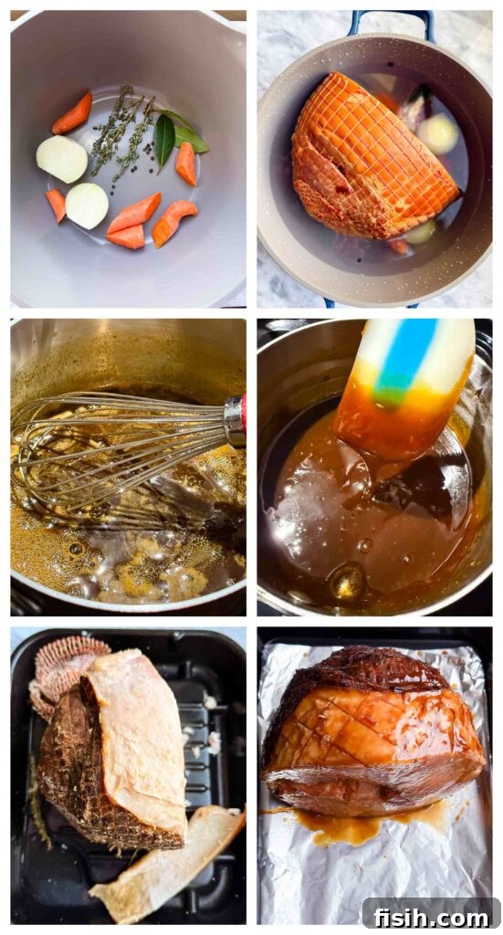 Sticky Sweet Bourbon Maple Ham 3 process images showing how to prepare and glaze the ham