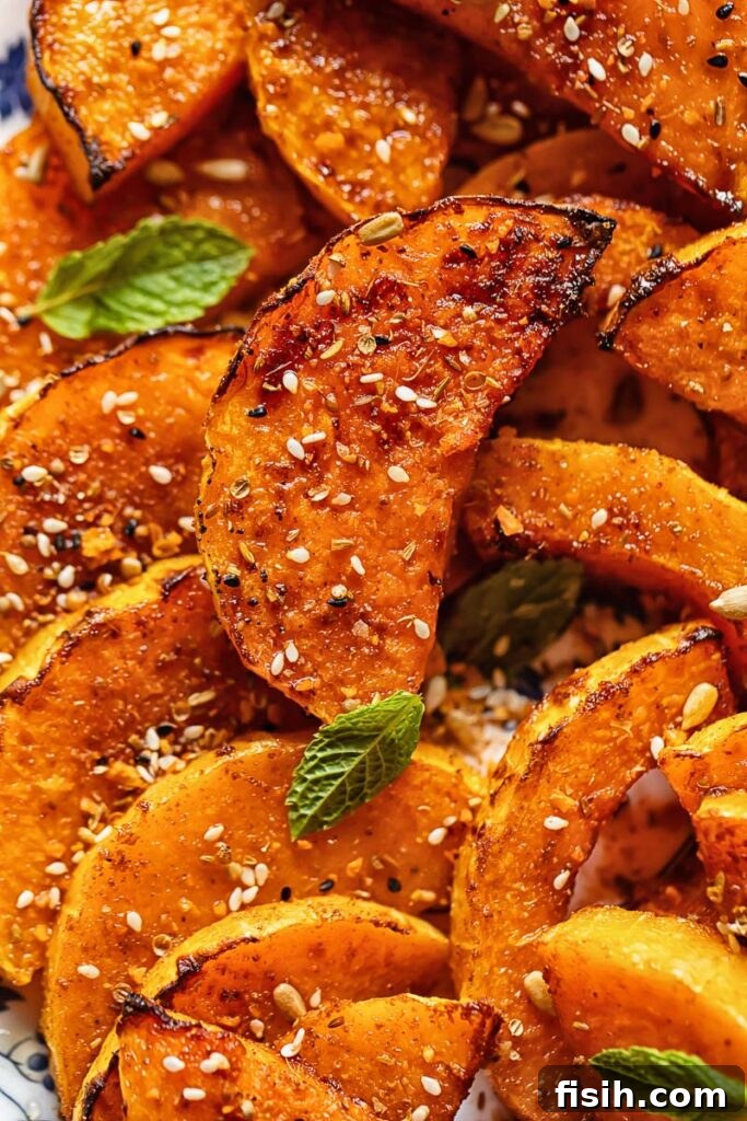 Caramelized Butternut with Fiery Honey 3 Close up of spiced butternut squash with hot honey drizzle and seeds