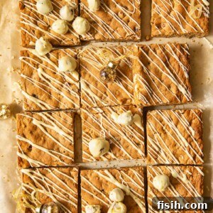 Top-down view of square-cut brown butter hazelnut blondies