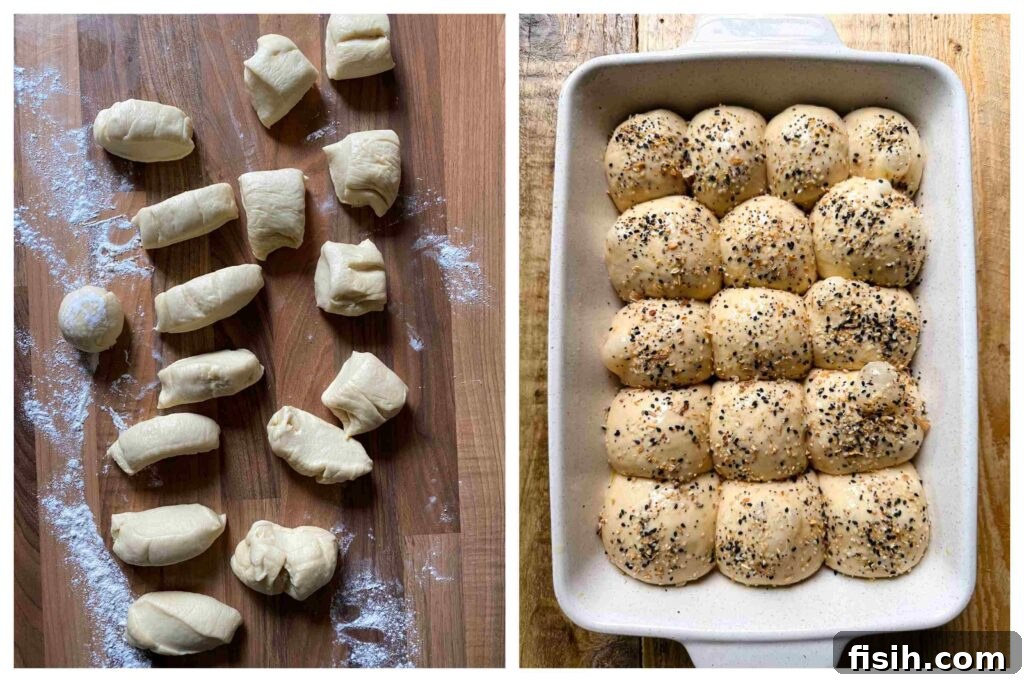 Process shots of dinner rolls being topped with everything bagel seasoning before baking.