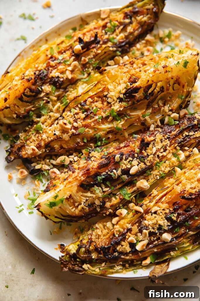 four cabbage wedges with chopped nuts and herbs