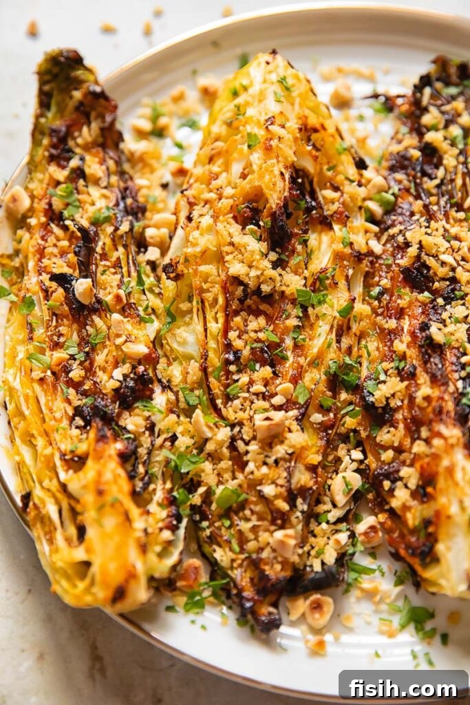 roasted cabbage wedges covered with herbs and chopped nuts, on a white plate