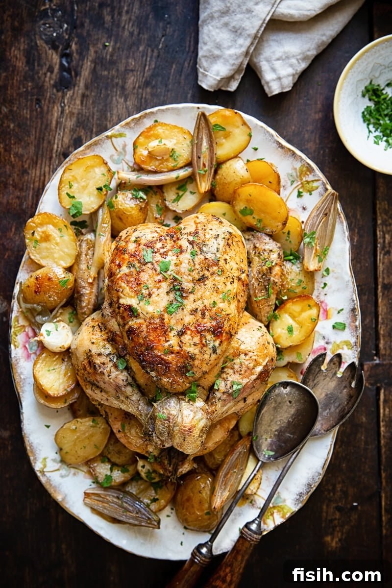 top down of Rosemary and Thyme Roast Chicken and Potatoes