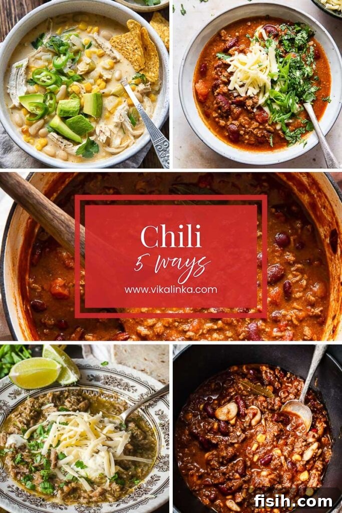 A vibrant collage of five different chili recipes: classic red beef chili, green pork chile verde, creamy white chicken chili, hearty vegetarian chili, and a smoky Texas-style chili, all garnished and ready to serve.