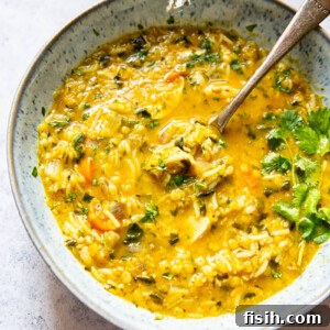 A vibrant and aromatic Mulligatawny Soup, served in a bowl with a spoon, highlighting its rich yellow colour and hearty ingredients.