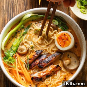 Top-down shot of a delicious bowl of Peanut Miso Chicken Ramen, complete with chopsticks, showcasing perfectly cooked noodles, chicken, and a vibrant array of vegetables.