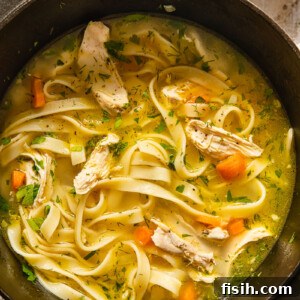 Top-down view of a steaming pot of classic homemade chicken noodle soup, brimming with tender chicken, soft carrots, and slurpable noodles, inviting comfort and warmth.