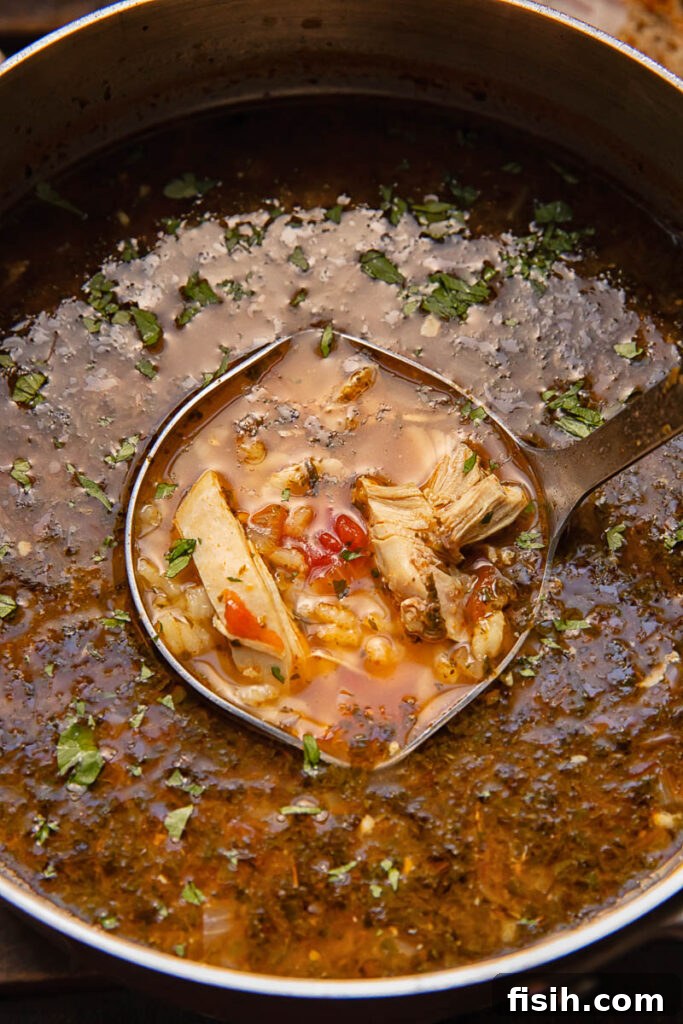 close up of chicken and rice soup in a pot